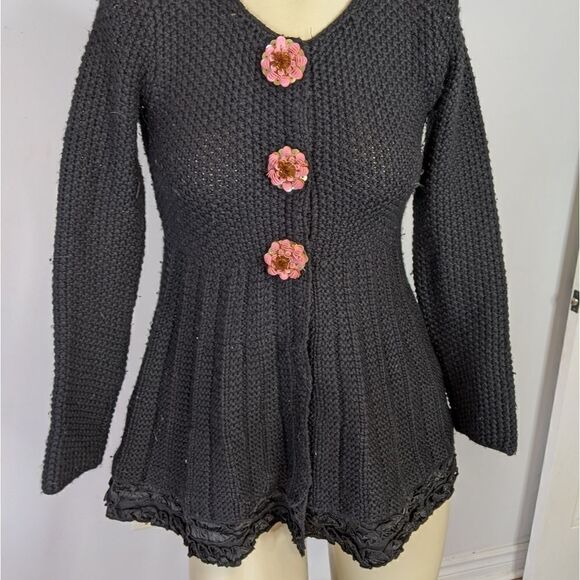 MANOUSH Anthropologie Black Wool Blend Soft Knit sequin Flower Sweater cardigan - Picture 1 of 12